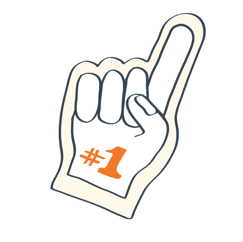 A foam hand that reads "#1" and has one finger pointing